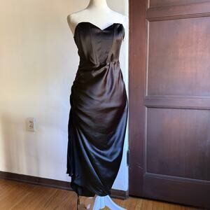 ZARA | Black Satin Corset Top Ruched Midi Skirt with Slit Cocktail Dress | Small